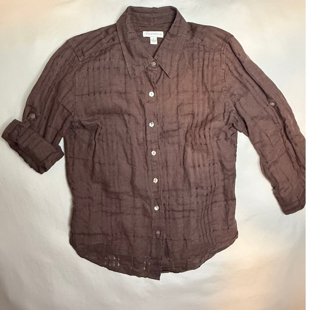 Charter Club 100% Linen Button Down Shirt Sz 6 Brown Roll Tab Sleeve Crinkle
